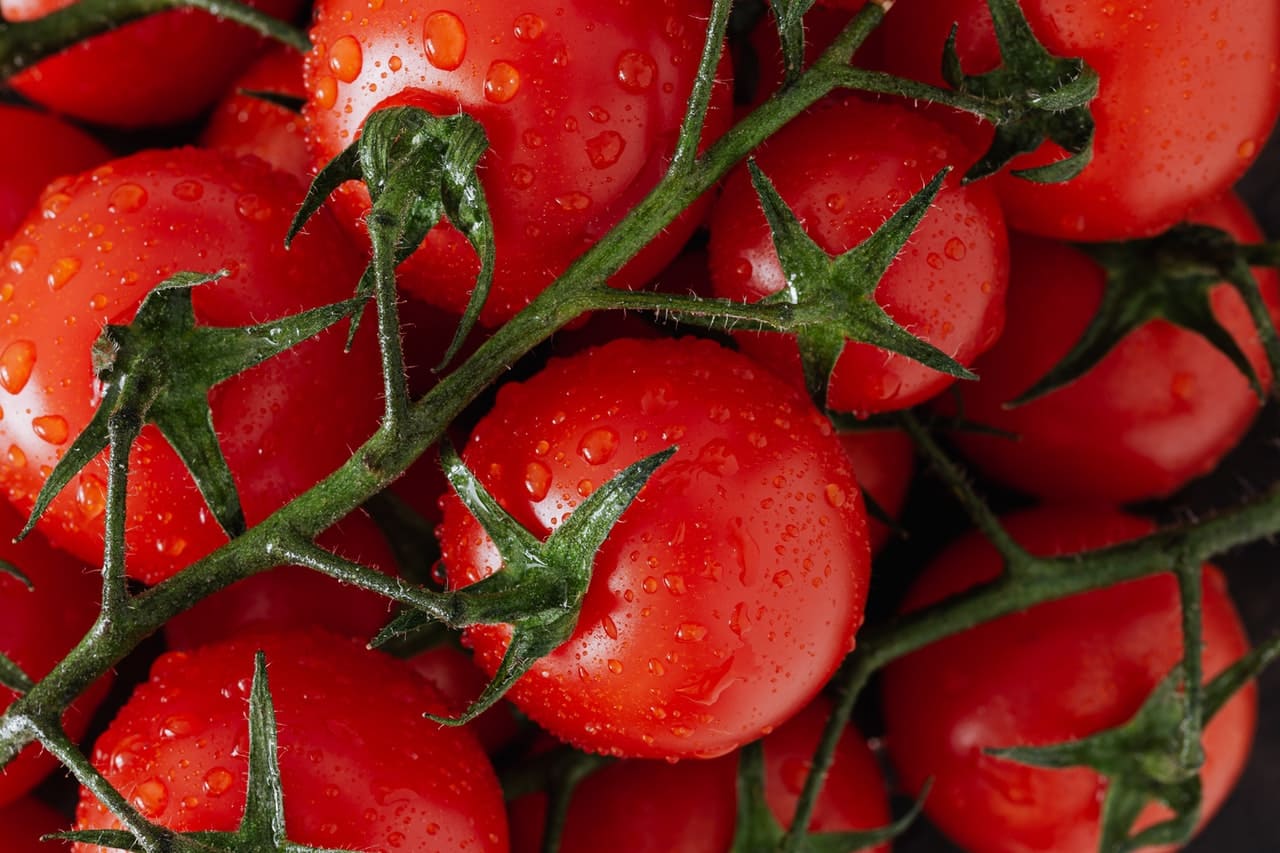 Photo de grapes de tomates bien rouges prise du dessus.
