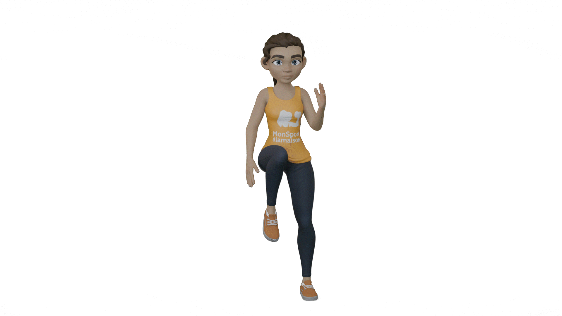 Modélisation 3D d'une femme qui fait des montées de genoux.