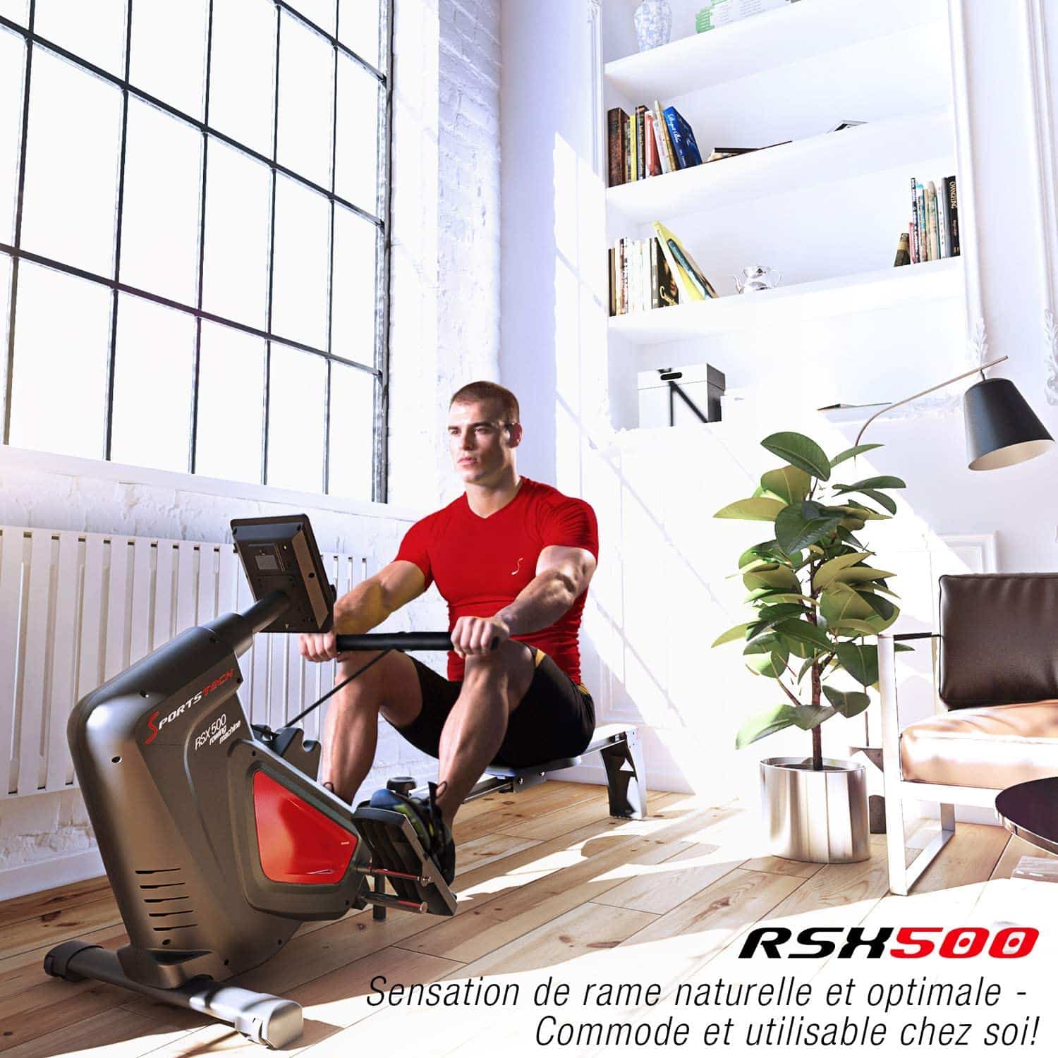 Homme qui utilise le rameur Sportstech RSX500 dans son salon pour faire du sport à domicile.